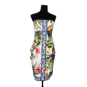 Cache Strapless Dress with Floral and Blue Accents M